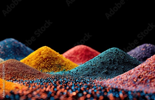 Assortment of metallic ores and minerals including gold, copper, iron, bismuth piled on dark surface, industrial raw materials resource concept for manufacturing and geology.​