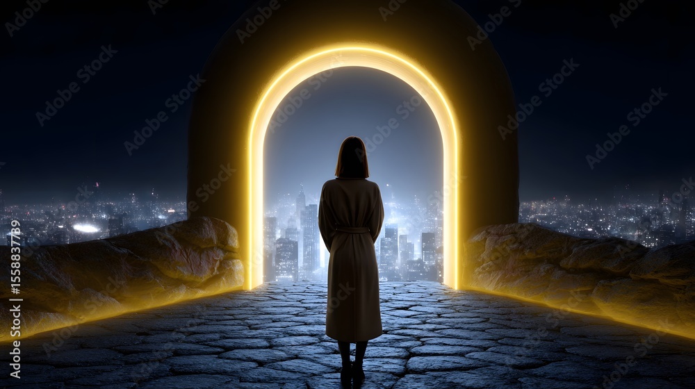 Fototapeta premium Silhouetted figure stands before a glowing archway in the night.