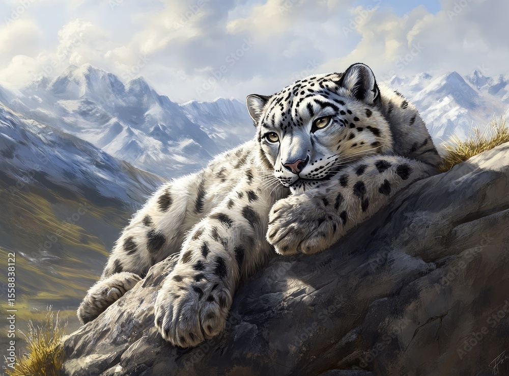 Majestic snow leopard resting on a rocky outcrop overlooking a snow-capped mountain range under a partly cloudy sky. Majestic snow leopard resting on a rocky outcrop overlooking a snow-capped mountain range under a partly cloudy sky.