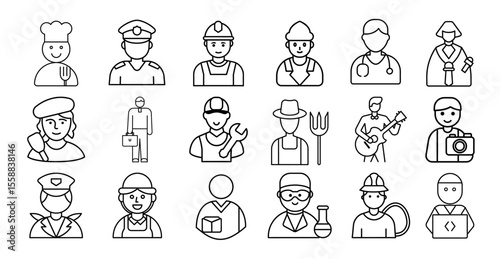 Collection of simple outline icons representing diverse professions and occupations with distinctive symbols