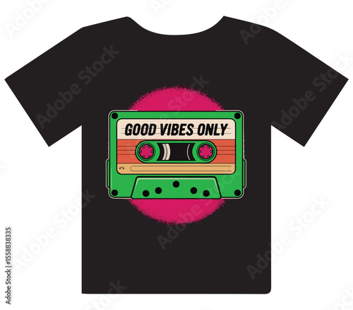 Green Cassette Tape 'Good Vibes Only' T-Shirt Design" or "Retro Audio Cassette and Pink Circle Graphic