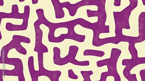 Unique Abstract Maze-Like Pattern in Beige and Plum Hues