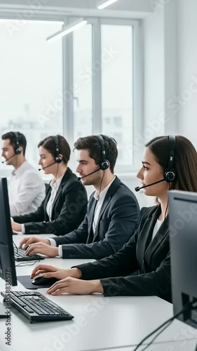 Busy call center with diverse agents providing customer service in a modern office