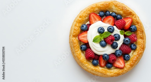 Top view of tasty sweet puff pastry tart with whipped cream and fresh berries served on plate near green mint leaves