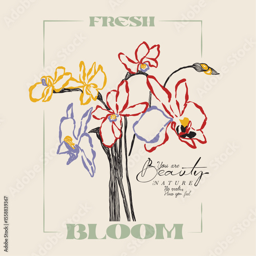 Vintage Line flowers print, flowers vector graphics. summer tropical flowers. printed t-shirt design for men and women's, flower graphic in vector, fresh bloom slogan text print design
