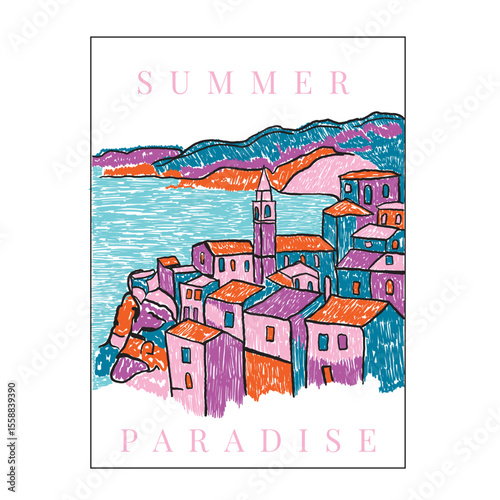 Vacation Beach Summer Vector Graphic. Summer slogan t-shirt. Surf club design. Beach wave artwork. Surfing board. Summer abstract art. Sunshine paradise graphic print design.