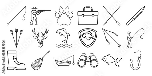 Collection of simple line art icons representing outdoor activities like hunting and fishing including gear and animals