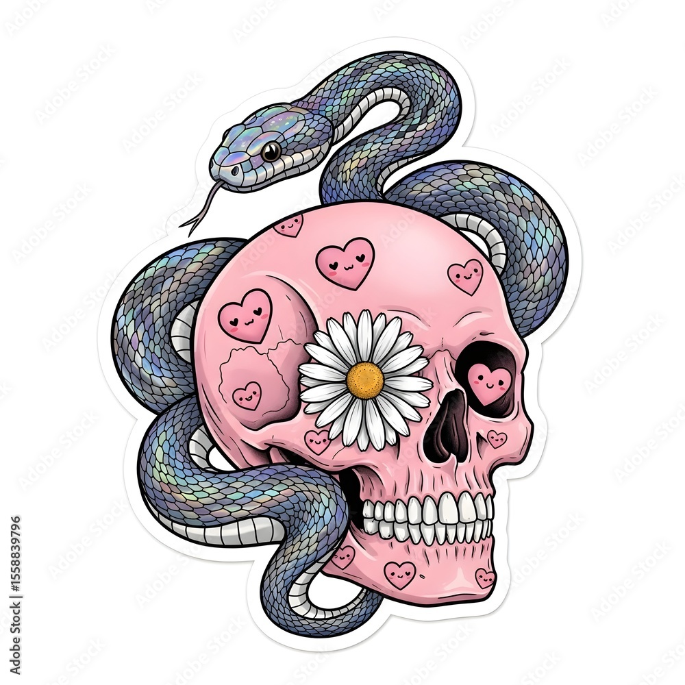 Obraz premium Iridescent Snake Coiled Around a Pastel Skull Redux