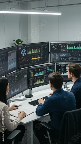 Busy financial analysts working with multiple monitors in a modern office setting