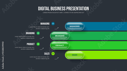 Consulting Development Slide Layout Vector Illustration. Creative Strategy 4 Step Infographic Presentation Template. Marketing Analysis Four Element Diagram Slideshow Design.