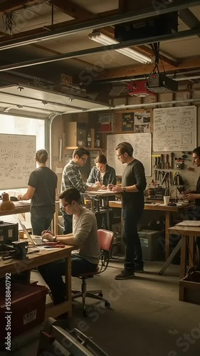 Busy Workshop: Group of Engineers Collaborating on Project with Tools and Equipment