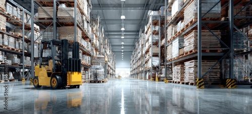 The modern warehouse featuring a yellow forklift amidst organized shelving units.
