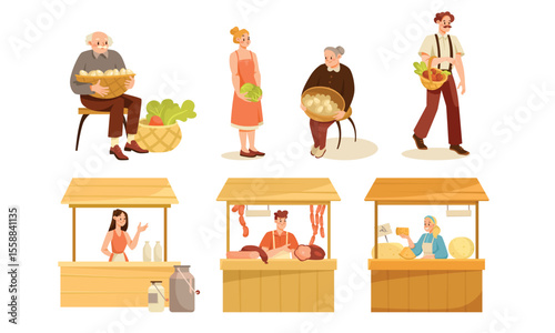A Vibrant and Colorful Market Scene Featuring Various Vendors Engaging with Customers