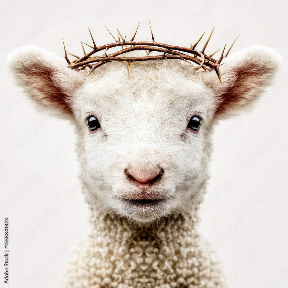 Obraz premium A close-up of a lamb wearing a crown of thorns, symbolizing innocence and sacrifice, with a soft, white background.