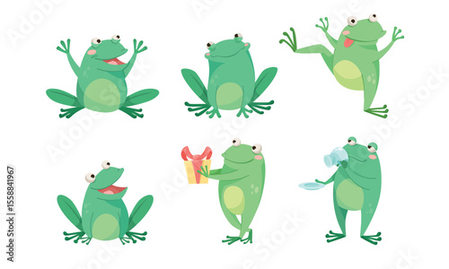 Playful Cartoon Frogs in Many Different Poses and Fun, Colorful Actions and Expressions
