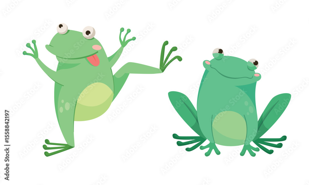 Fototapeta premium Playful Cartoon Frogs Illustrated in a Vibrant Green Color Palette for Fun and Cheerfulness