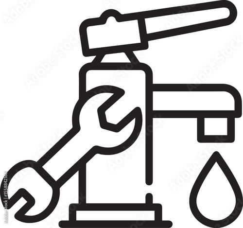 Vector art of a faucet with a wrench isolated on white background in line art