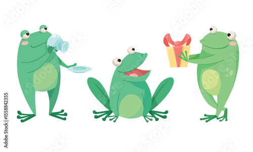 A Group of Cheerful Frogs Delightfully Enjoying Snacks and Refreshments Together Outside
