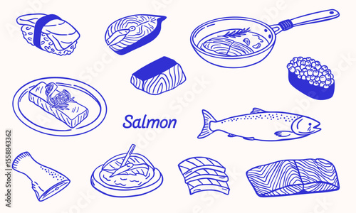 salmon sketch hand drawn illustration collection set