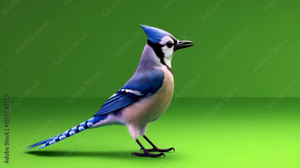 A blue jay standing on a green surface with a green background in a studio setting looking forward green screen animal video