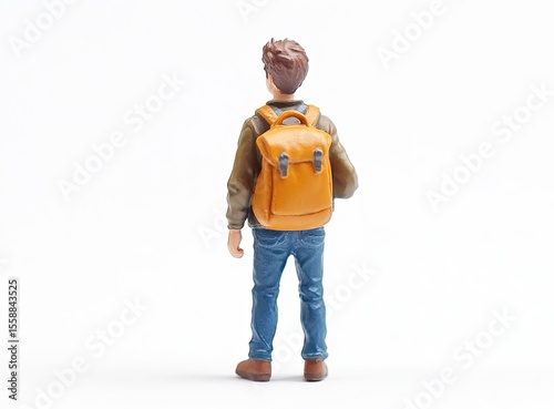 Rear view of a miniature figure of a man with an orange backpack standing against a white background.