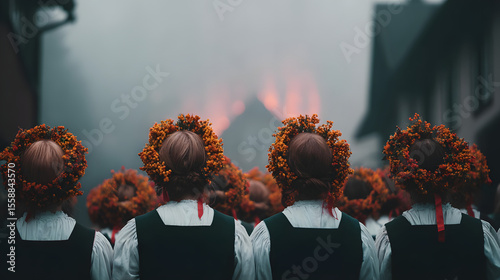 Women in Traditional Attire with Flower Wreaths, Celebrating Kupala Night with Fire and Fog in Rural Setting