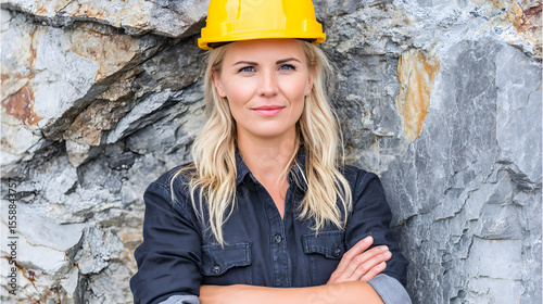 Confident Modern Female Miner with Yellow Hard Hat and Crossed Arms Against Rock Wall, Industrial Professional Portrait
