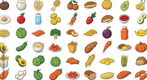 Colorful Food Group Illustration – Fruits, Vegetables, Meats, Dairy & Grains