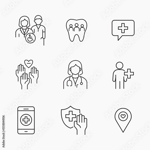 Inclusive Healthcare and Accessibility Icons in Minimal Outline Style, digital medical services, Perfect for modern medical designs