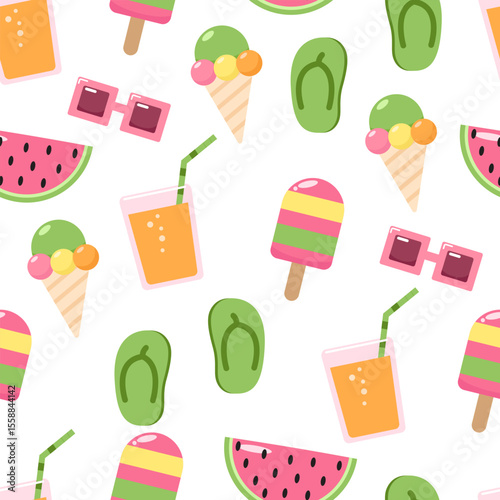 Seamless summer pattern with flip-flops, sunglasses, watermelon, ice cream, popsicles, and juice. Perfect for textiles, backgrounds, and web design.