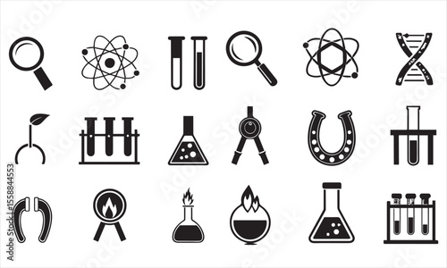 Science editable stroke outline icons set. Laboratory, research, scientist, physics, chemistry, biology, experiment and telescope.