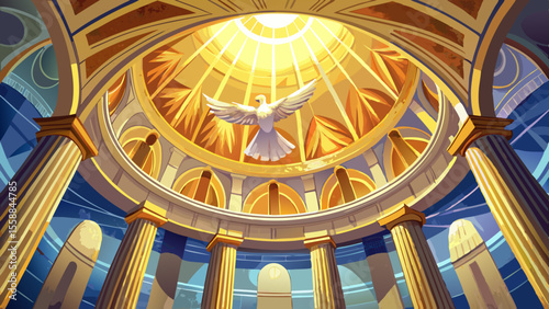 Close-up of the dome's interior, frescoes curving overhead with golden rays bursting from a central dove. The marble altar glows beneath low-angle sunlight entering through columns.


