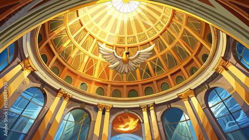 Close-up of the dome's interior, frescoes curving overhead with golden rays bursting from a central dove. The marble altar glows beneath low-angle sunlight entering through columns.

