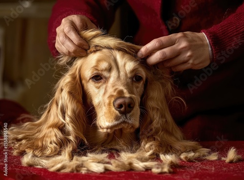 Person grooming a long-haired golden cocker spaniel, trimming its fur.