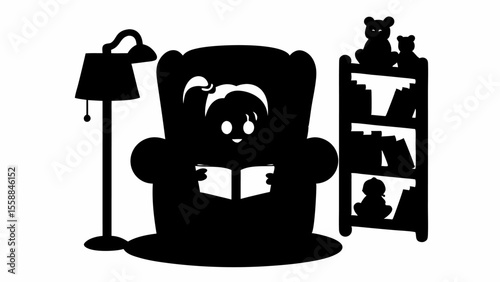 Silhouette of a girl reading in an armchair next to a lamp and a bookshelf with teddy bears on top