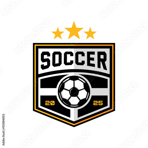 shield shape football logo badge with a soccer ball illustration. sport team logo vector template