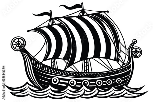 Striped Sails A Black and White Viking Longship Illustration