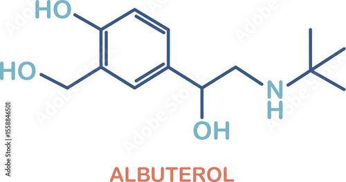 Chemical structure of salbutamol or albuterol. Relievers inhalers active molecule.