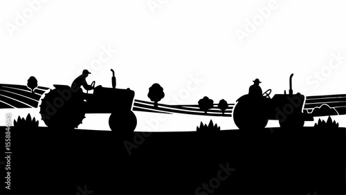Silhouette illustration of two tractors in a field with trees and cultivated land under a white sky area