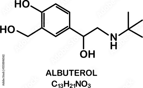 Chemical structure of salbutamol or albuterol. Relievers inhalers active molecule.