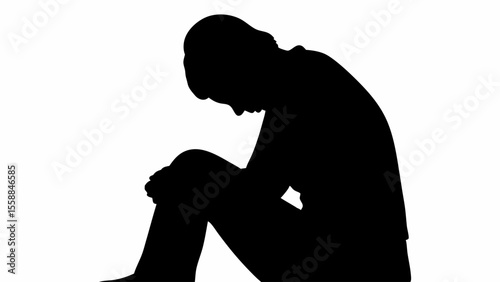 Silhouette of a person sitting with head down and arms wrapped around knees in a dark and somber mood