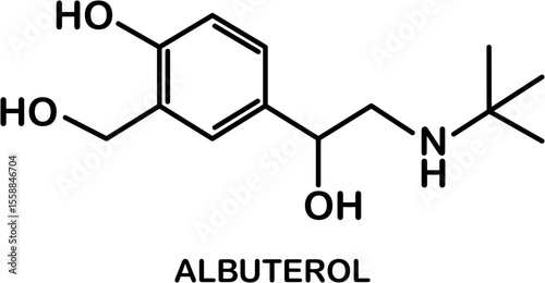 Chemical structure of salbutamol or albuterol. Relievers inhalers active molecule.