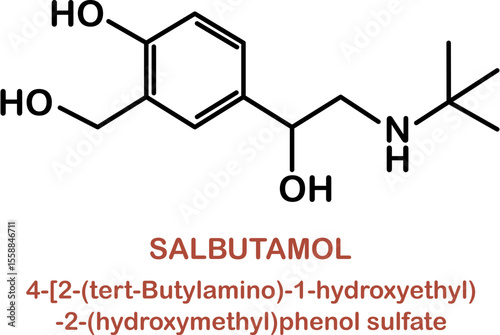 Chemical structure of salbutamol or albuterol. Relievers inhalers active molecule.