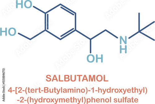 Chemical structure of salbutamol or albuterol. Relievers inhalers active molecule.