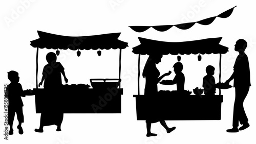 Silhouette depiction of people interacting at two market stalls with hanging decorations and awnings