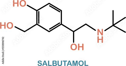 Chemical structure of salbutamol or albuterol. Relievers inhalers active molecule.
