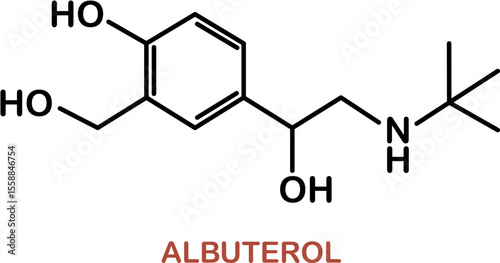 Chemical structure of salbutamol or albuterol. Relievers inhalers active molecule.