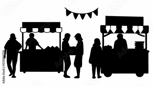 Silhouette illustration of a bustling outdoor market with vendors and customers in black and white style