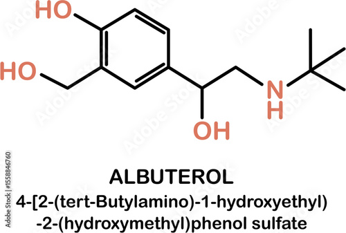 Chemical structure of salbutamol or albuterol. Relievers inhalers active molecule.