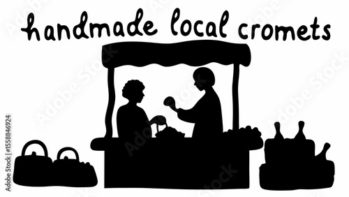Silhouette of two people at a market stall with handmade local cromets and bags of goods on display
